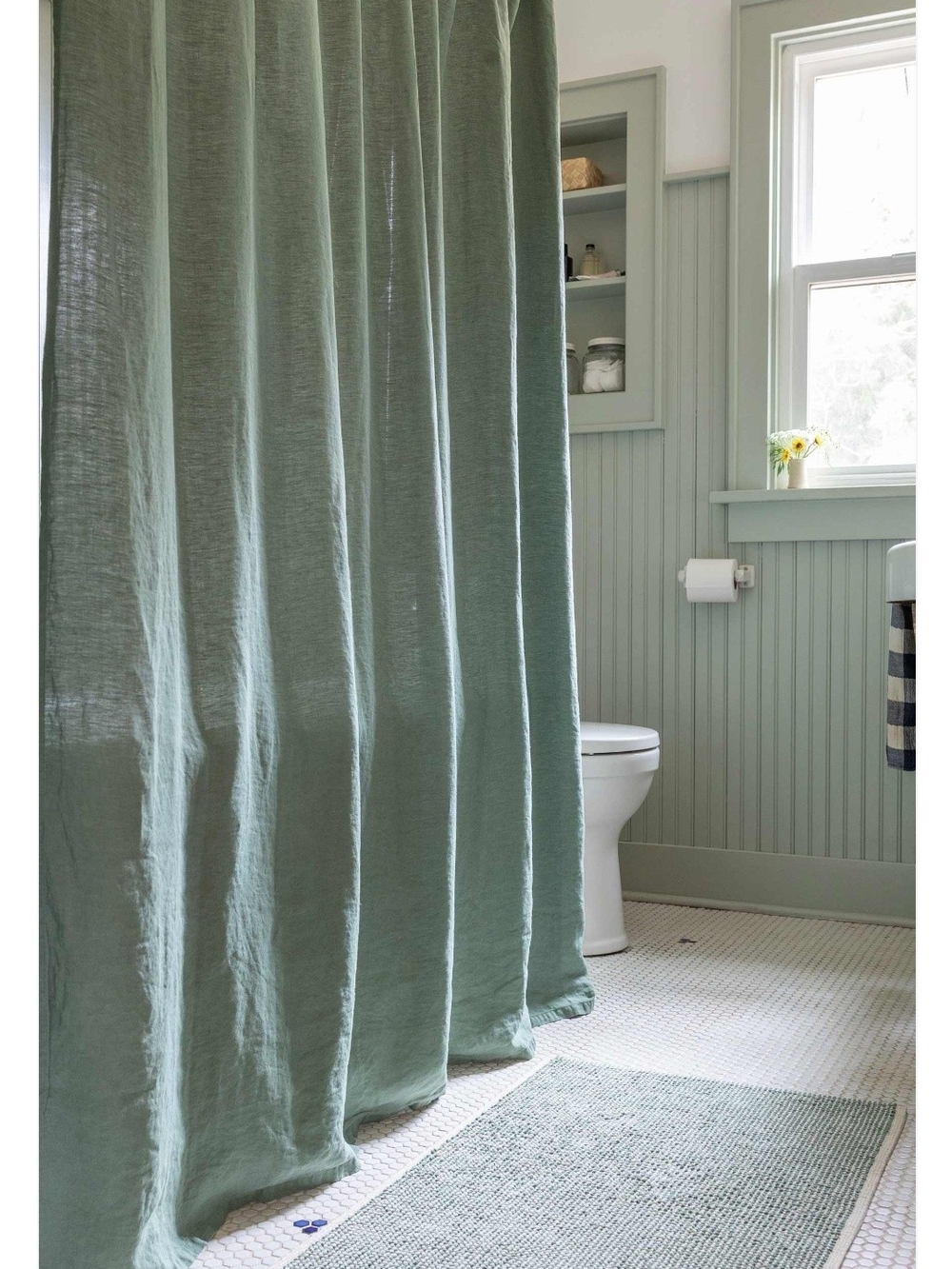 Schoolhouse Linen Shower Curtain in Sage Green Boho Quiet Luxury 72x72